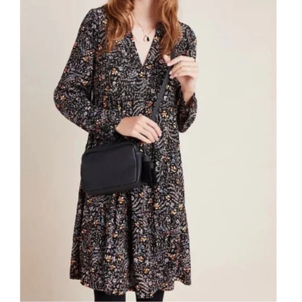 Anthropologie Maeve Amber Dress Floral V-Neck Tiered Long Sleeve Peasant Dress